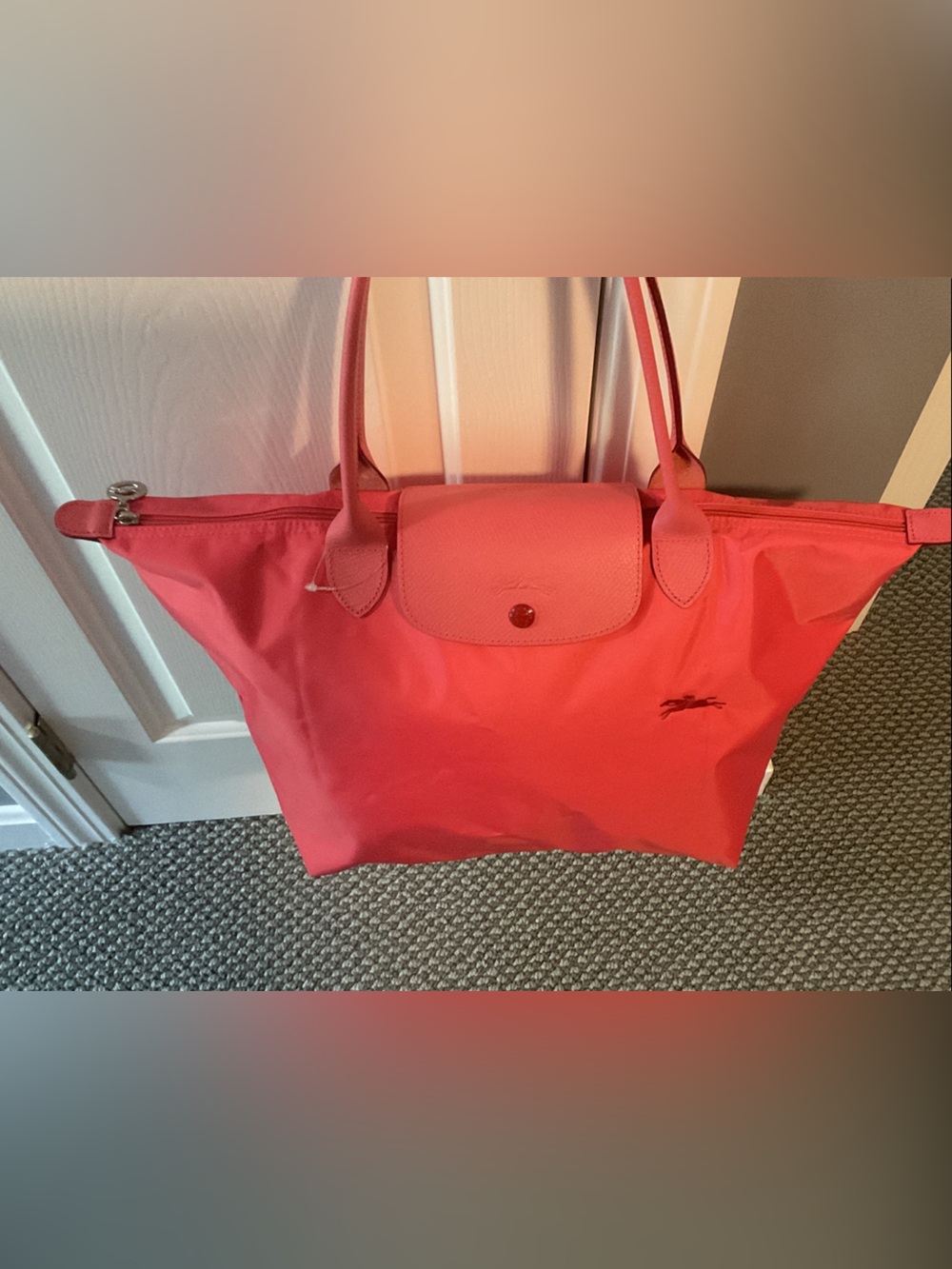 Longchamp Coral Pink Nylon Tote with Leather Accents
